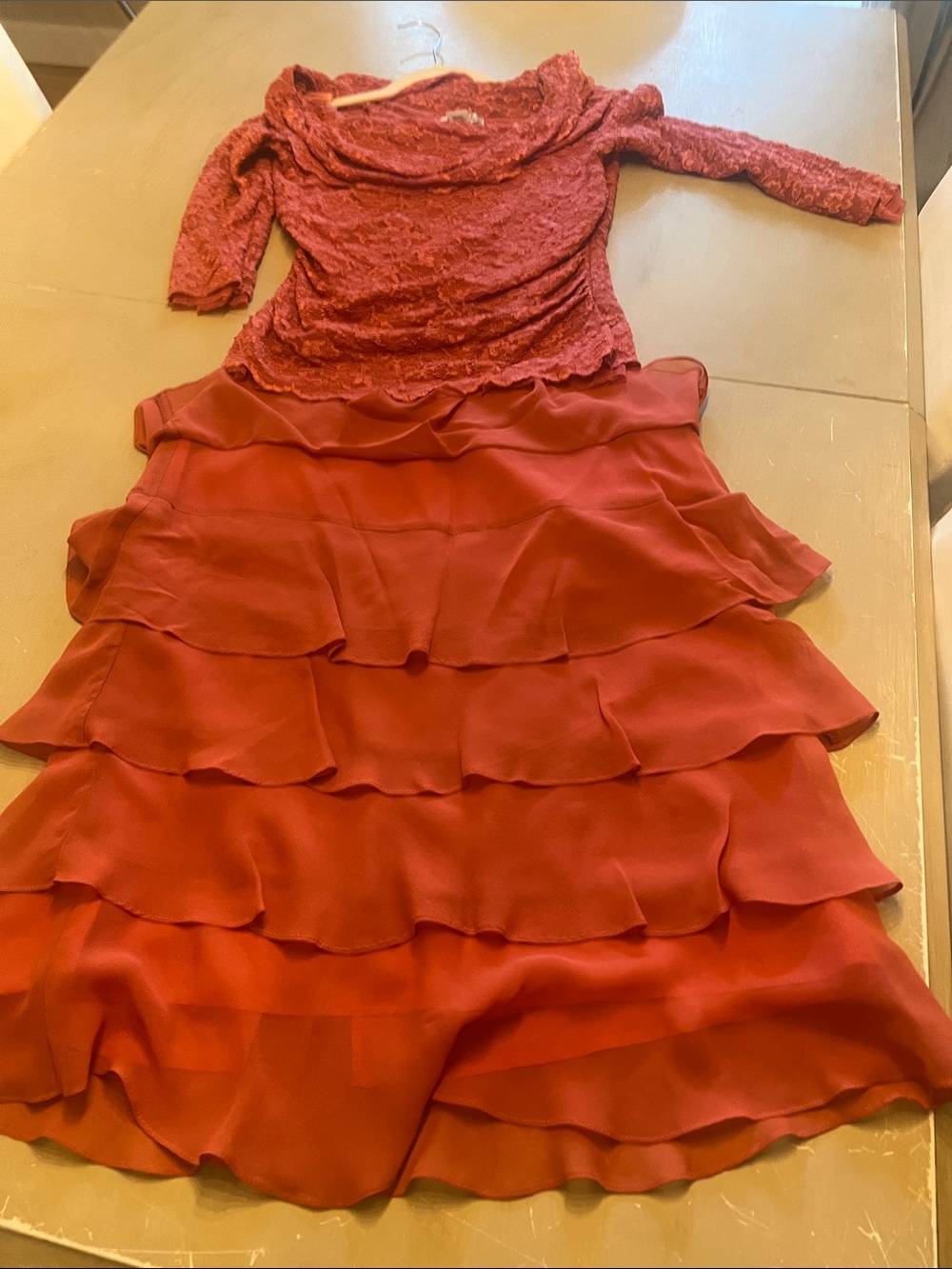 Lillie Rubin Rust Red Lace Top with Tiered Ruffle Skirt Dress
